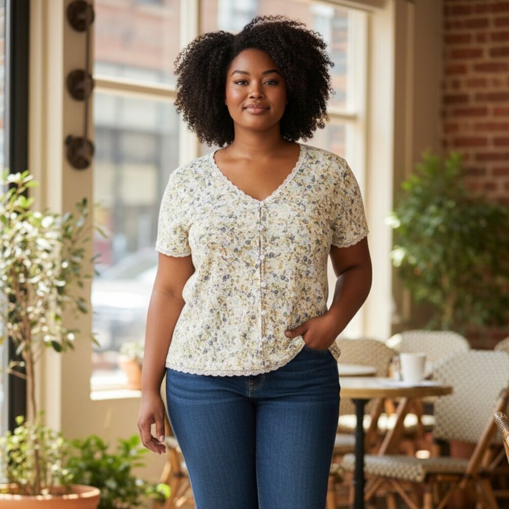 Torrid Fitted Supersoft Rib V-Neck Lace Trim Button Crop Tee Floral Plus Size 2X